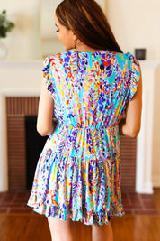 Just for Fun Aqua Floral V Neck Ruffle Sleeve & Hem Dress | Daverri Fashions