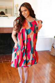 Stand Out Magenta & Teal Geometric Yoke Woven Dress | Daverri Fashions