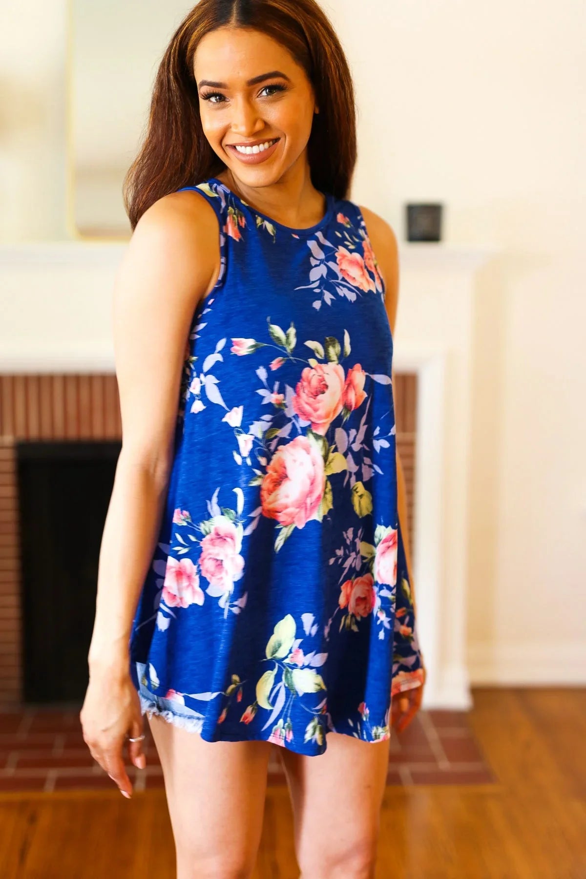 Sunny Days Navy Blue Floral Print Sleeveless Top | Daverri Fashions