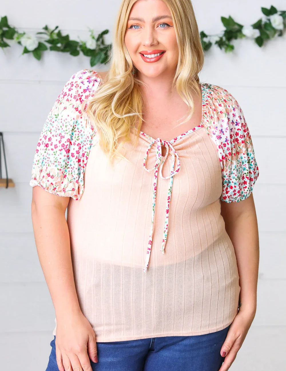 Peach & Floral Tie Neck Bubble Sleeve Top | Daverri Fashions