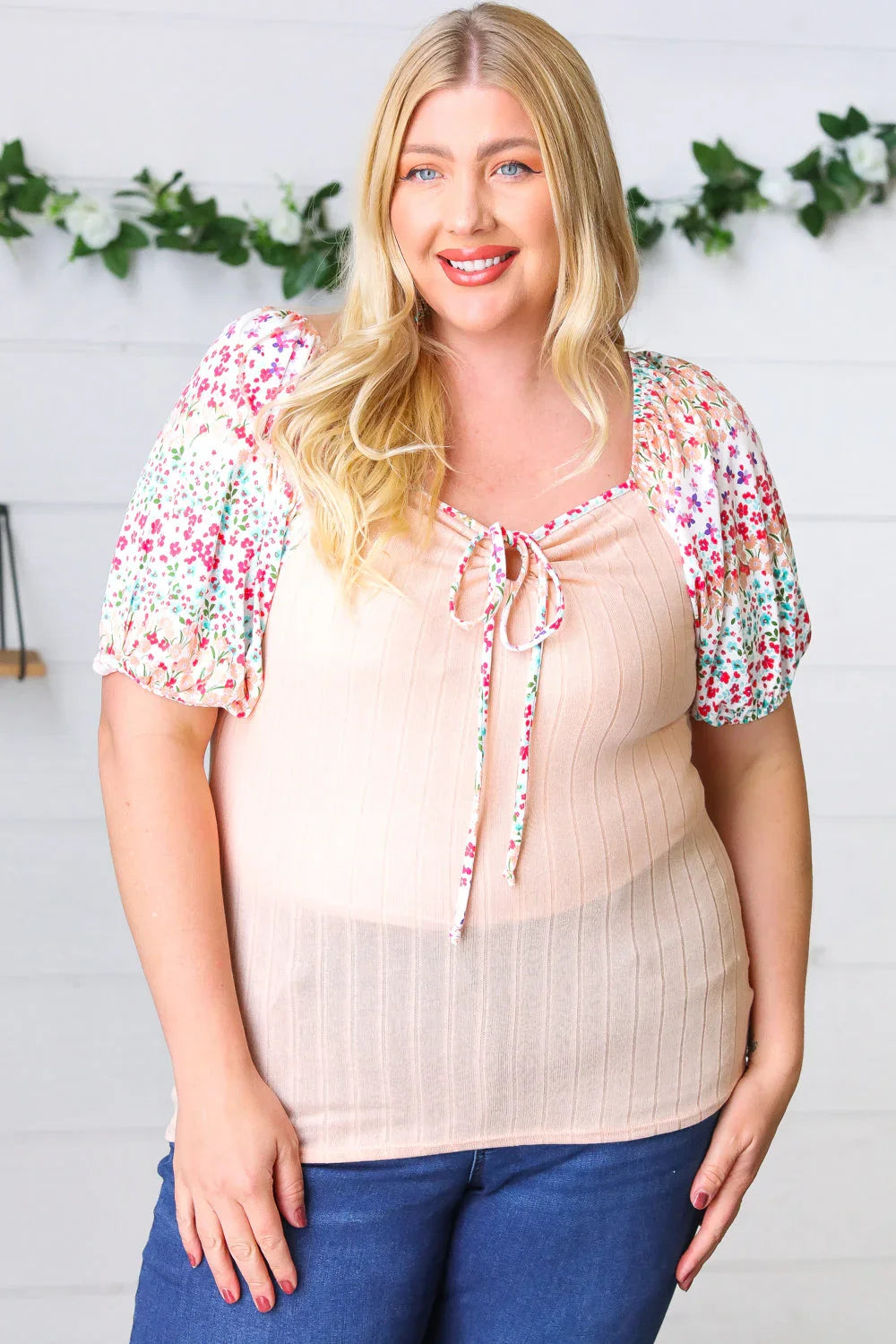 Peach & Floral Tie Neck Bubble Sleeve Top | Daverri Fashions