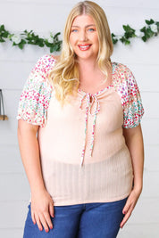 Peach & Floral Tie Neck Bubble Sleeve Top | Daverri Fashions