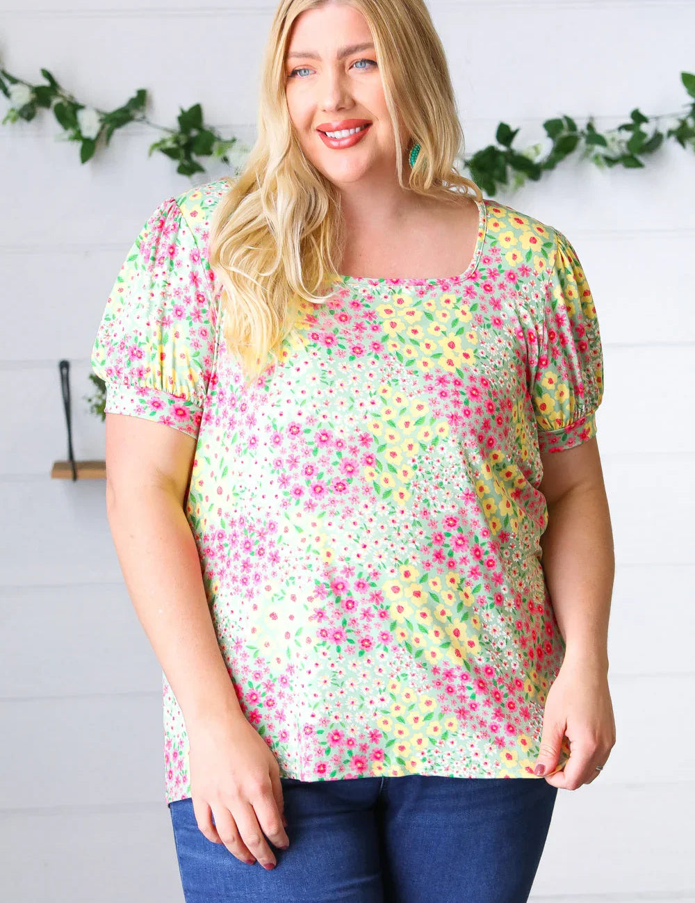 Mint Floral Square Neck Bubble Sleeve Top | Daverri Fashions