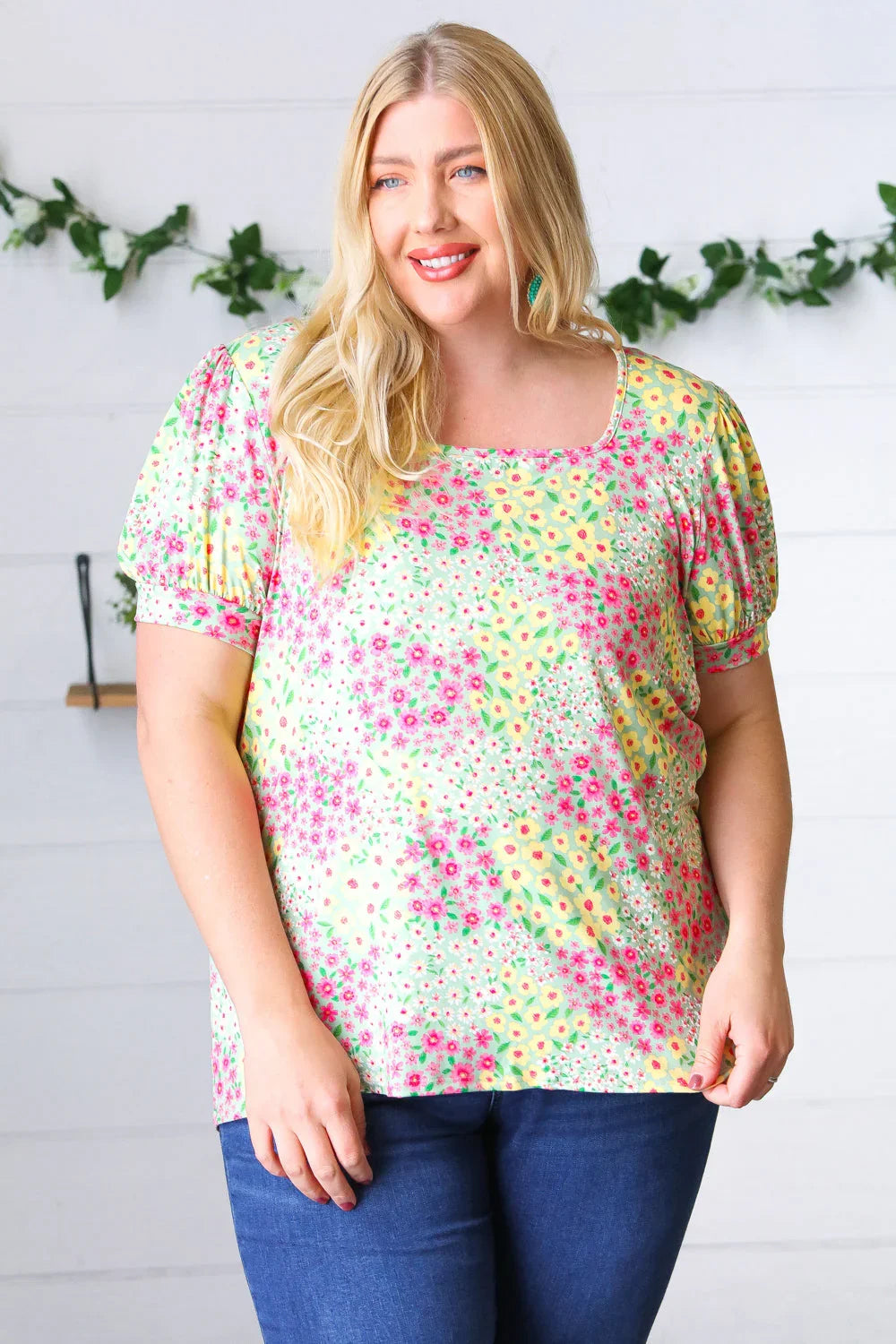 Canary/Mint Floral Square Neck Bubble Sleeve Top | Daverri Fashions
