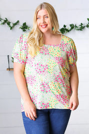 Canary/Mint Floral Square Neck Bubble Sleeve Top | Daverri Fashions