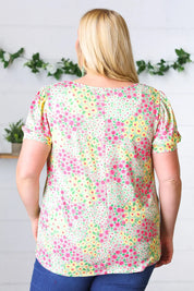 Canary/Mint Floral Square Neck Bubble Sleeve Top | Daverri Fashions