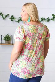 Canary/Mint Floral Square Neck Bubble Sleeve Top | Daverri Fashions