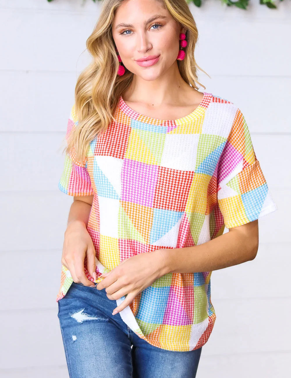 Multicolor Geometric Textured Knit Top | Daverri Fashions