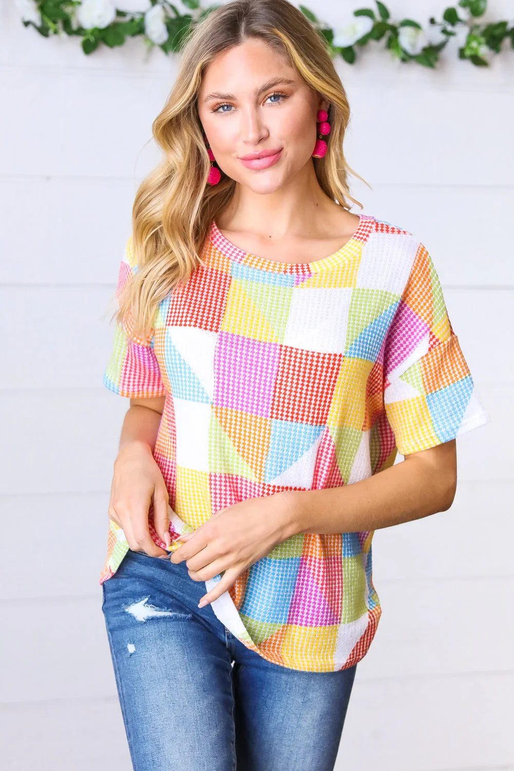 Multicolor Geometric Textured Knit Top | Daverri Fashions