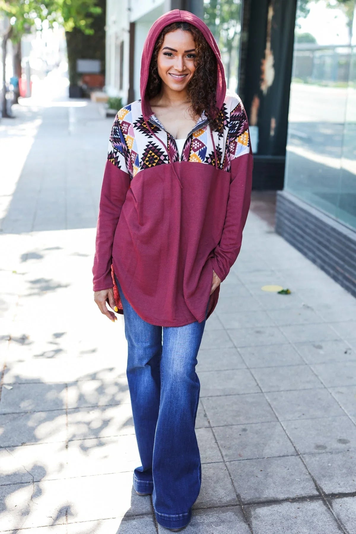 Stand Out Burgundy Tribal Print Half Zip Longline Hoodie | Daverri Fashions