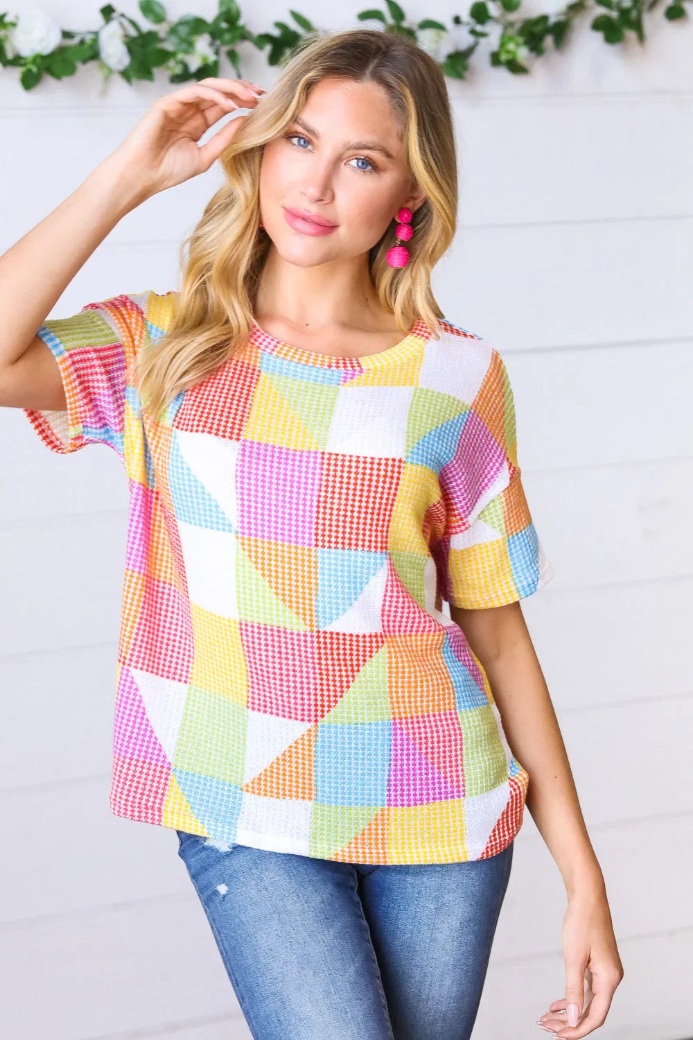 Multicolor Geometric Textured Knit Top | Daverri Fashions