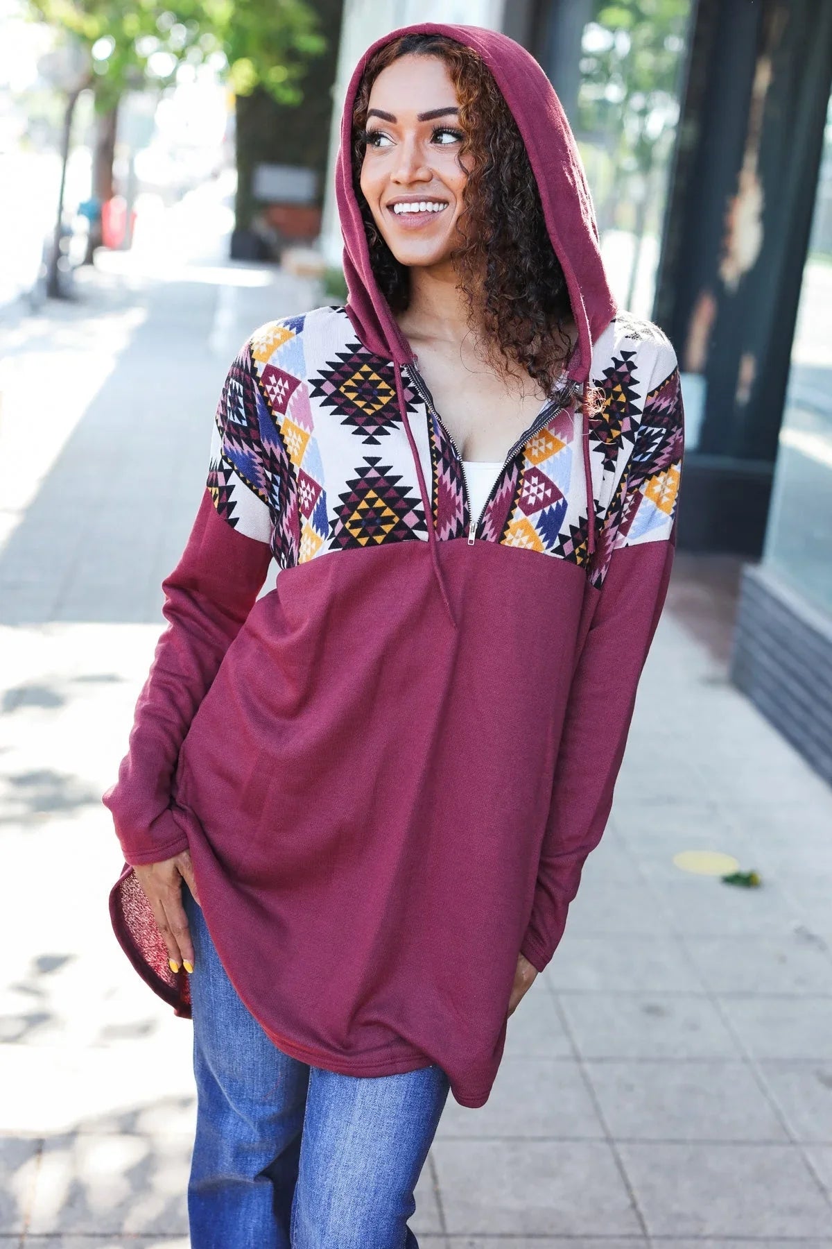 Stand Out Burgundy Tribal Print Half Zip Longline Hoodie | Daverri Fashions