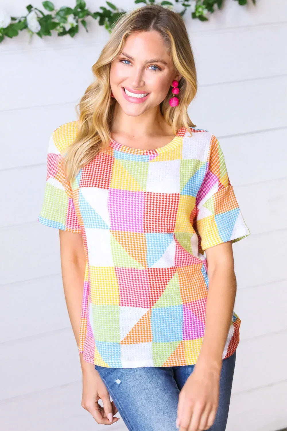 Multicolor Geometric Textured Knit Top - DAVERRI FASHIONS
