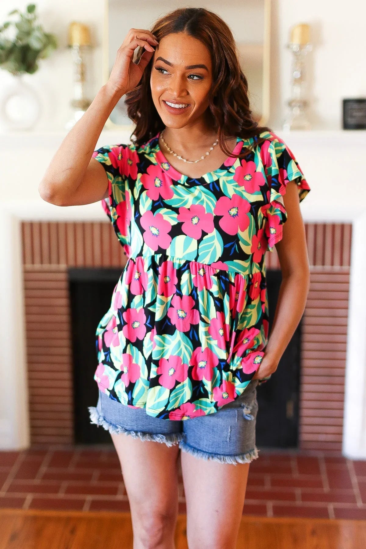 Black & Pink Floral Ruffle Short Sleeve Babydoll Top | Daverri Fashions