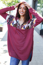 Stand Out Burgundy Tribal Print Half Zip Longline Hoodie | Daverri Fashions