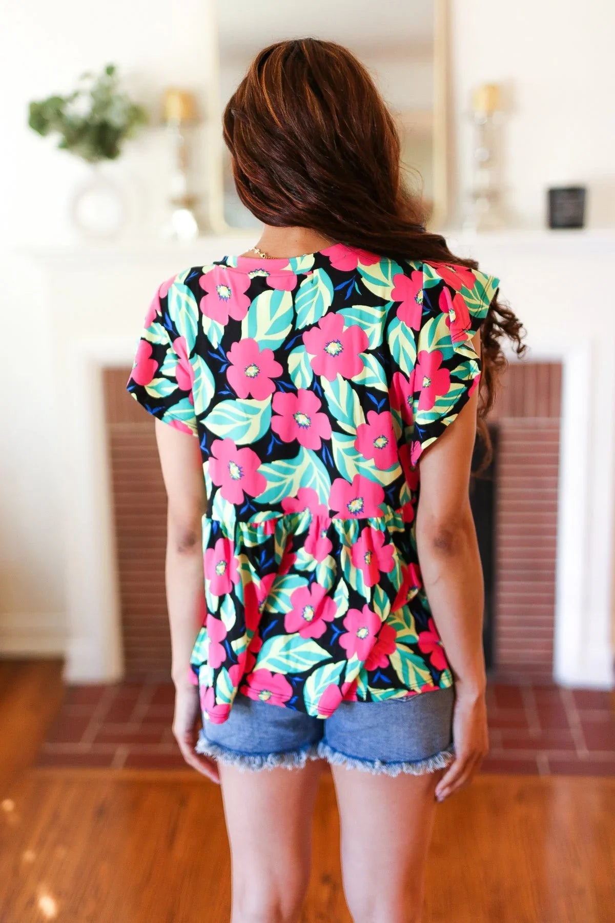 Black & Pink Floral Ruffle Short Sleeve Babydoll Top | Daverri Fashions