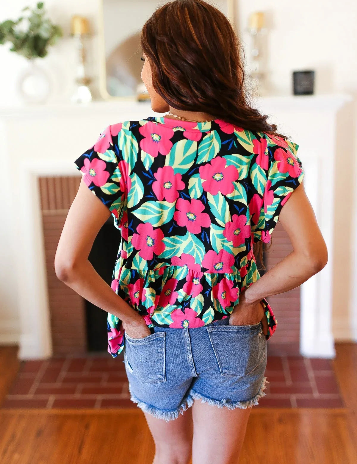 Black & Pink Floral Ruffle Short Sleeve Babydoll Top | Daverri Fashions