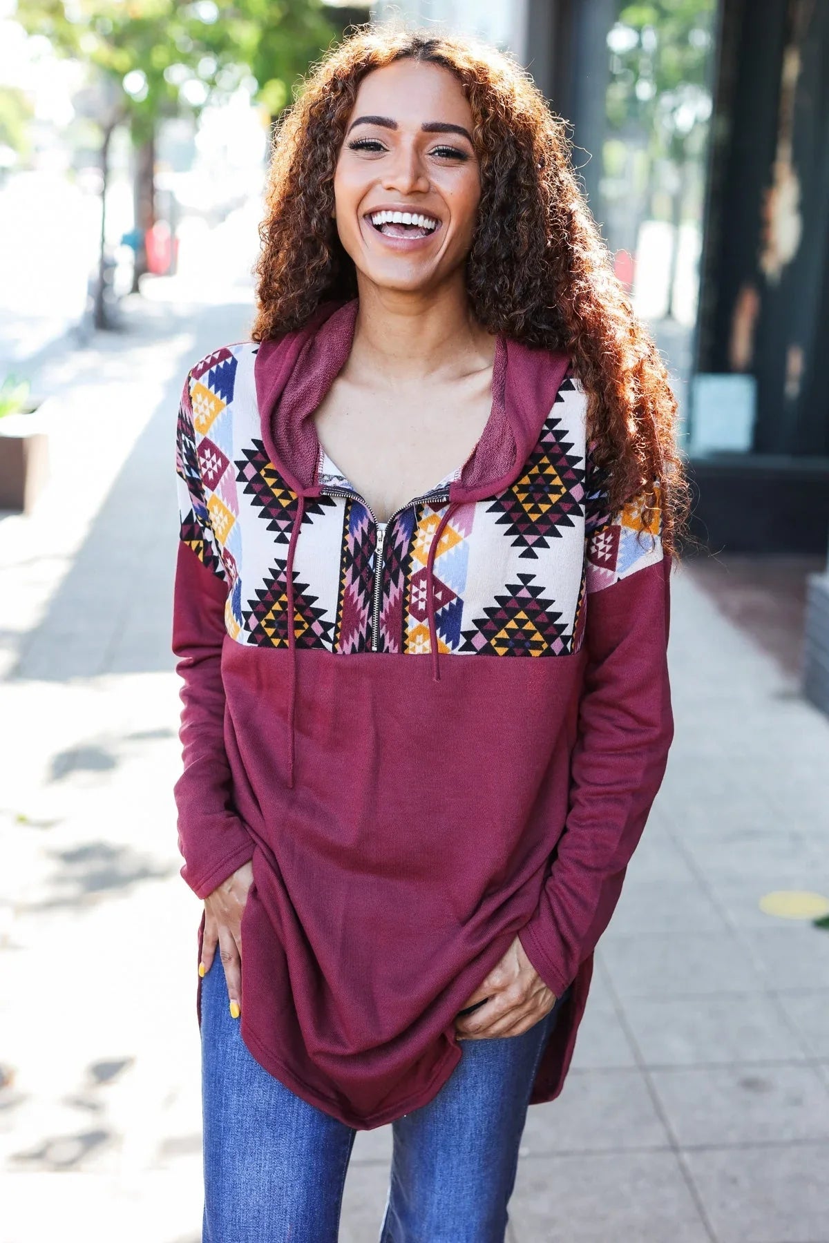 Stand Out Burgundy Tribal Print Half Zip Longline Hoodie | Daverri Fashions