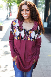 Stand Out Burgundy Tribal Print Half Zip Longline Hoodie | Daverri Fashions