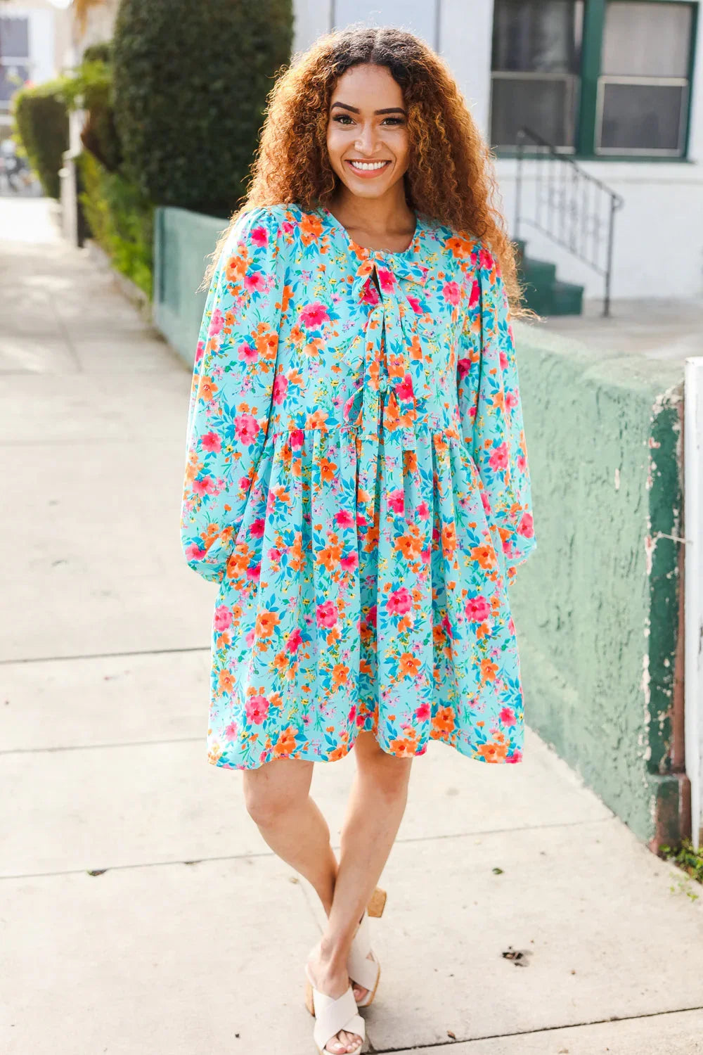 Feeling Femme Aqua Floral Ribbon Bow Tie Babydoll Dress | Daverri Fashions