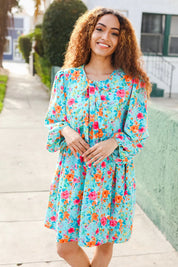 Feeling Femme Aqua Floral Ribbon Bow Tie Babydoll Dress | Daverri Fashions