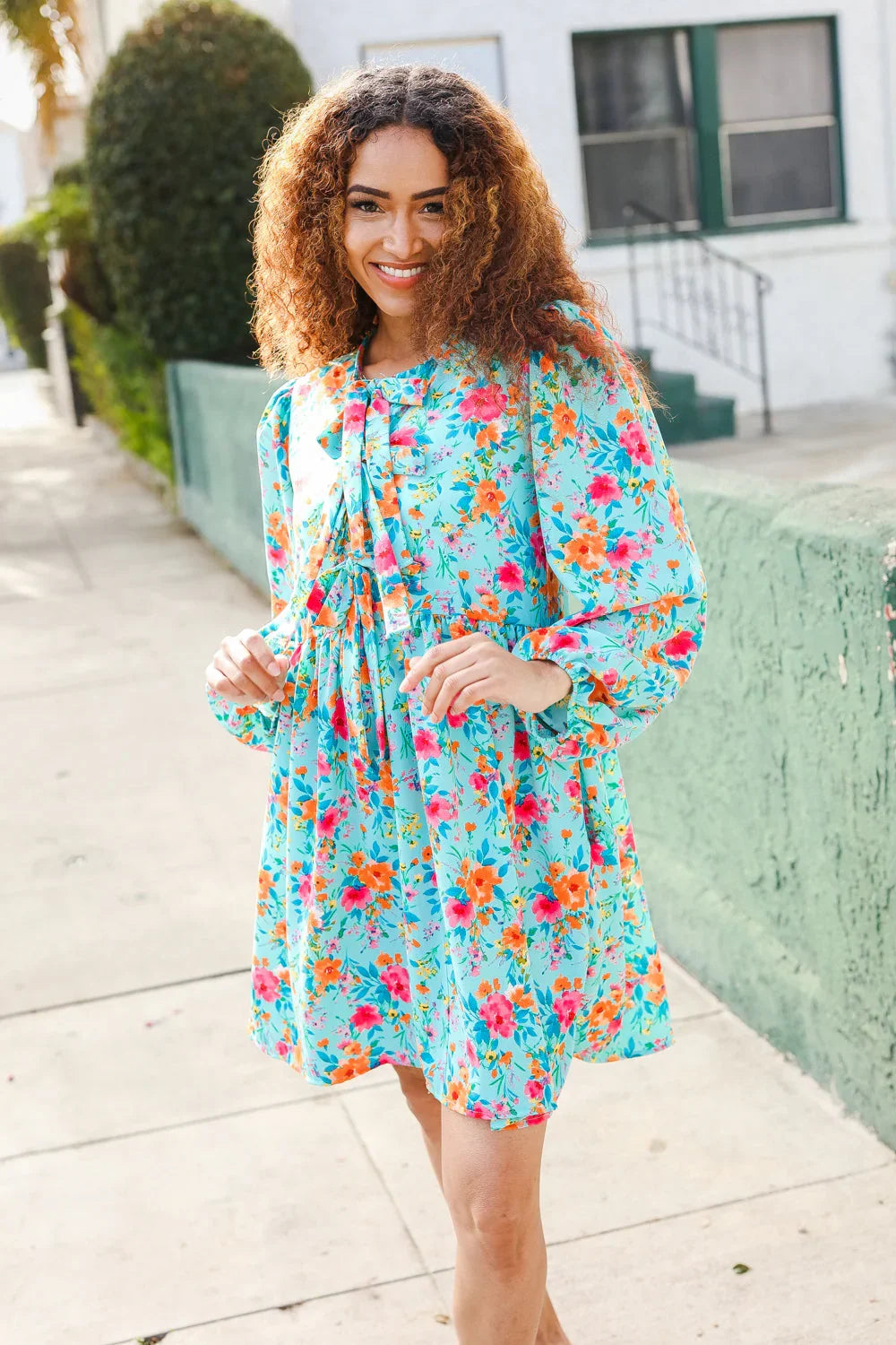 Feeling Femme Aqua Floral Ribbon Bow Tie Babydoll Dress | Daverri Fashions