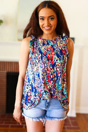 Weekend Ready Navy Floral Ruffle Sleeveless Top | Daverri Fashions