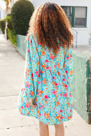 Feeling Femme Aqua Floral Ribbon Bow Tie Babydoll Dress | Daverri Fashions