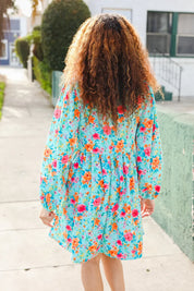 Feeling Femme Aqua Floral Ribbon Bow Tie Babydoll Dress | Daverri Fashions