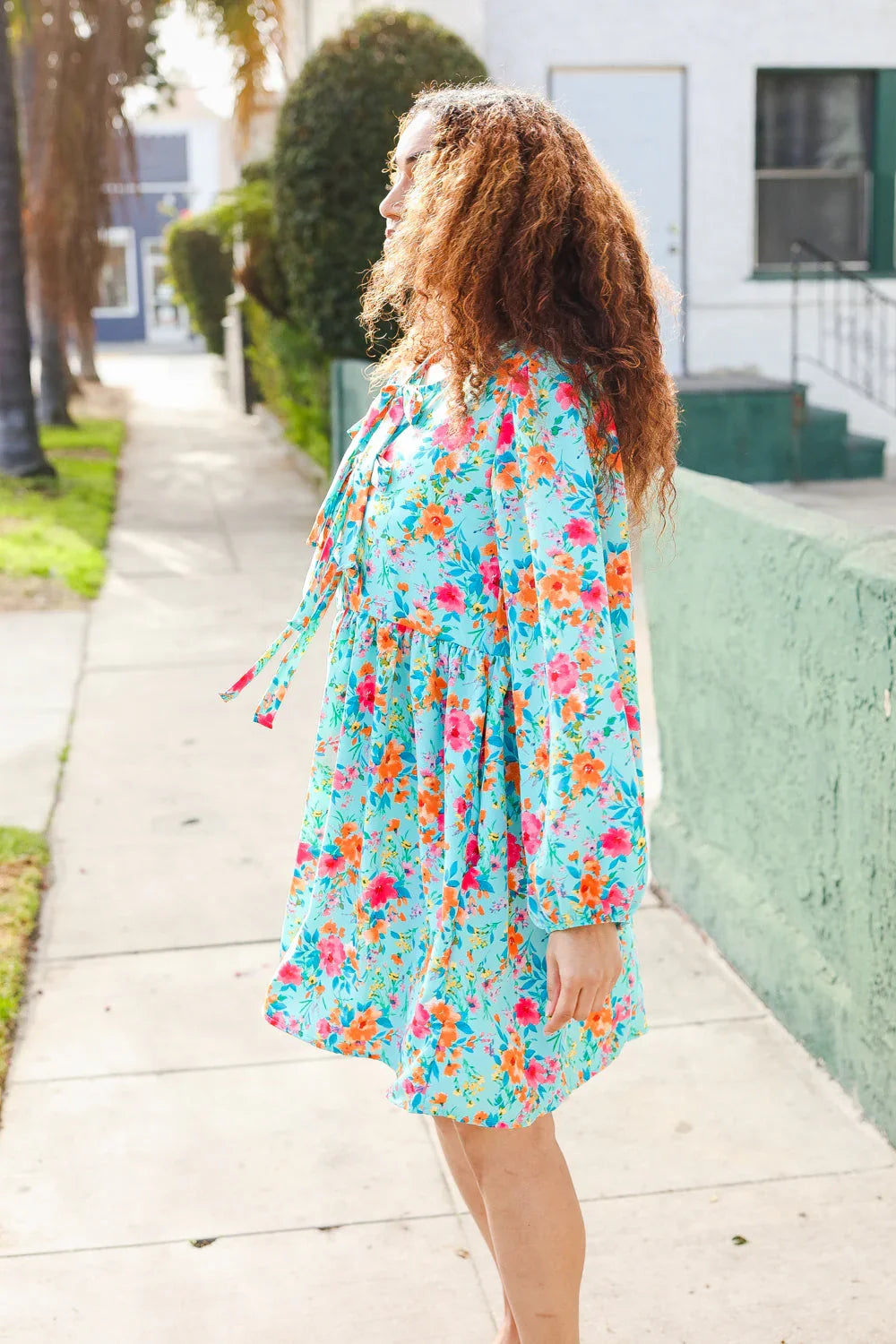 Feeling Femme Aqua Floral Ribbon Bow Tie Babydoll Dress | Daverri Fashions