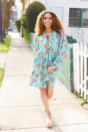 Feeling Femme Aqua Floral Ribbon Bow Tie Babydoll Dress | Daverri Fashions