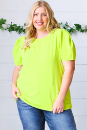Neon Green Round Neck Puff Sleeve Crepe Top | Daverri Fashions
