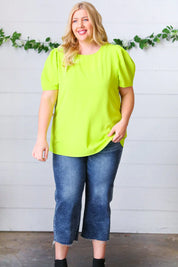 Neon Green Round Neck Puff Sleeve Crepe Top | Daverri Fashions