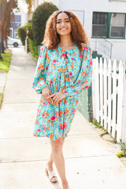 Feeling Femme Aqua Floral Ribbon Bow Tie Babydoll Dress | Daverri Fashions