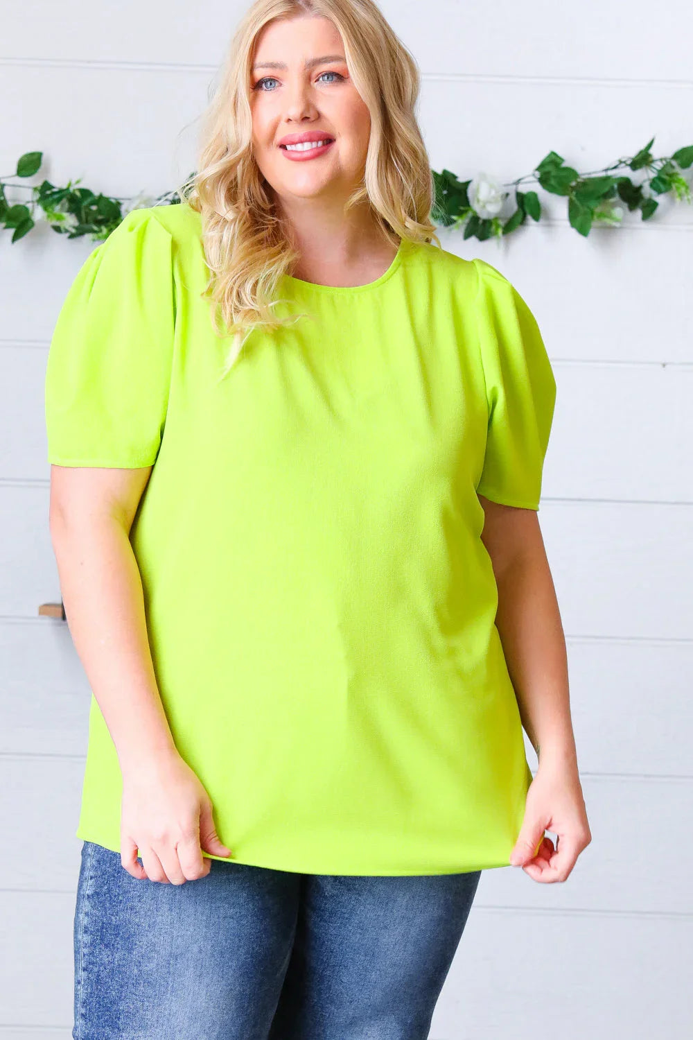 Neon Green Round Neck Puff Sleeve Crepe Top | Daverri Fashions