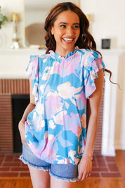 Sky Blue & Lavender Double Flutter Sleeve Mock Neck Top | Daverri Fashions