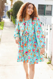 Feeling Femme Aqua Floral Ribbon Bow Tie Babydoll Dress | Daverri Fashions