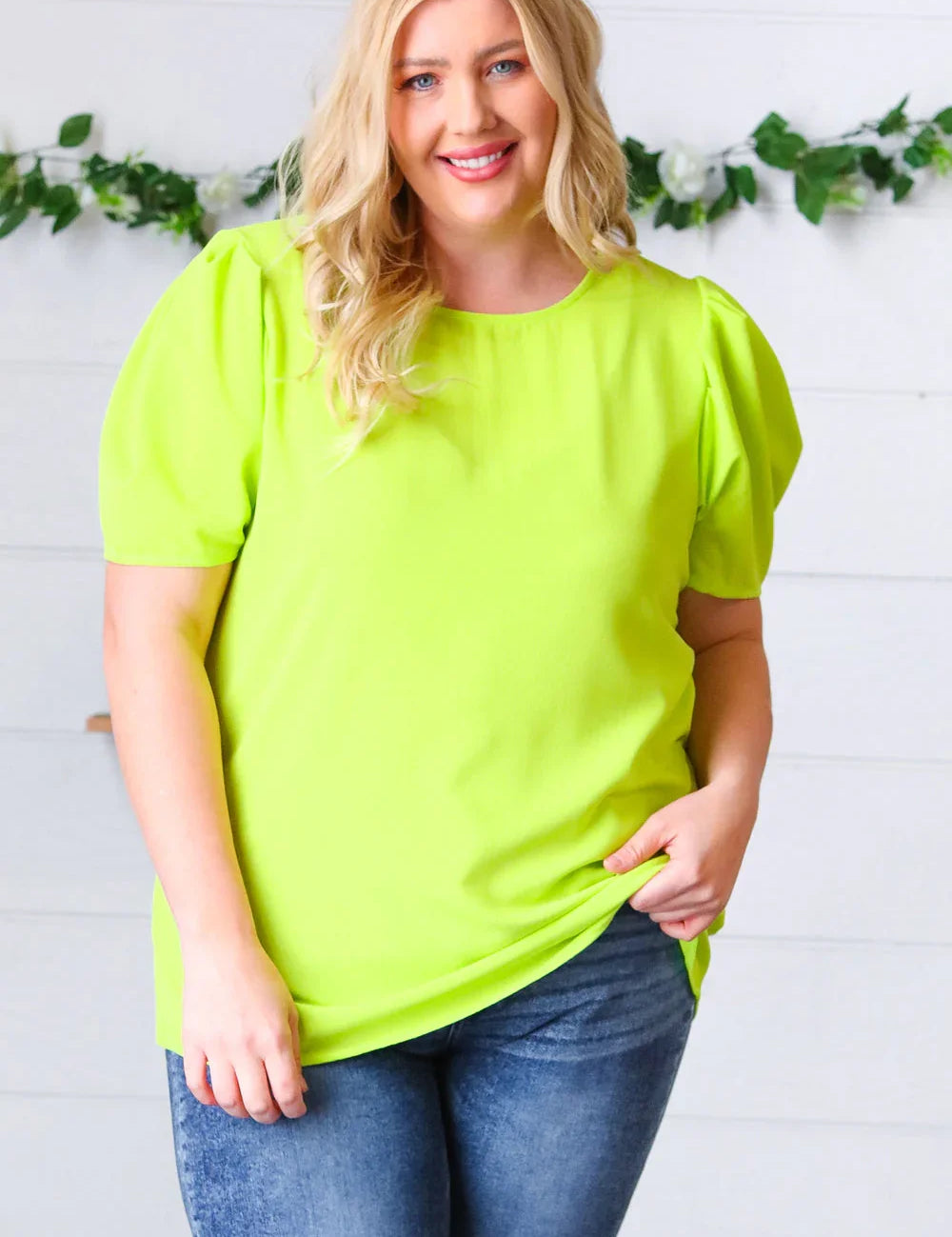 Neon Green Round Neck Puff Sleeve Crepe Top | Daverri Fashions