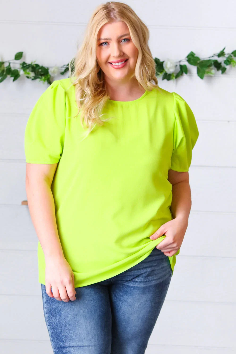 Neon Green Round Neck Puff Sleeve Crepe Top | Daverri Fashions