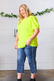 Neon Green Round Neck Puff Sleeve Crepe Top | Daverri Fashions