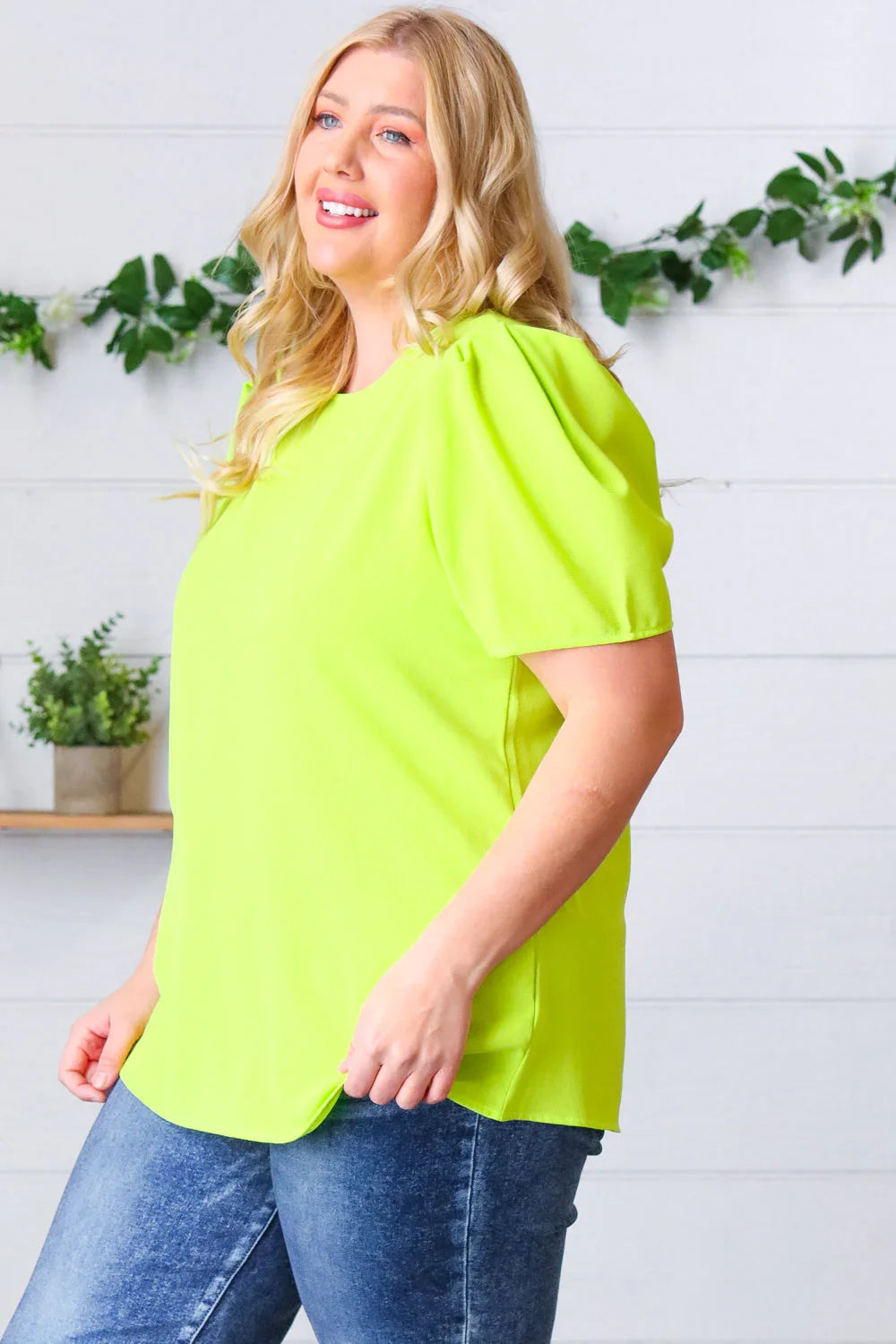 Neon Green Round Neck Puff Sleeve Crepe Top | Daverri Fashions
