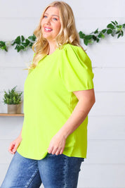 Neon Green Round Neck Puff Sleeve Crepe Top | Daverri Fashions