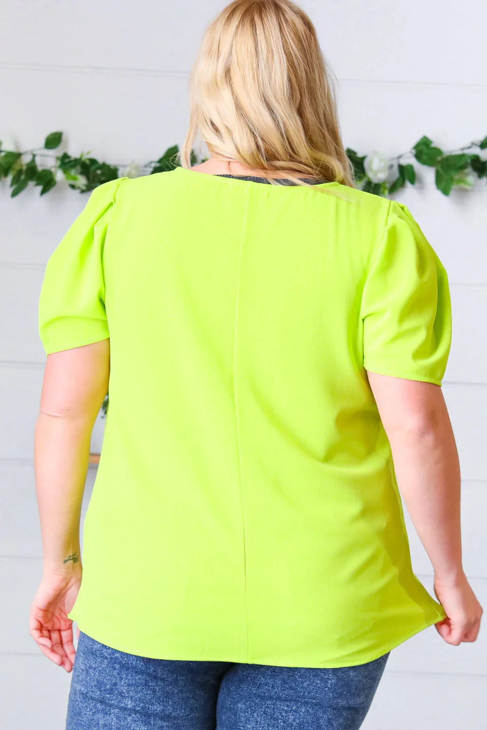 Neon Green Round Neck Puff Sleeve Crepe Top | Daverri Fashions