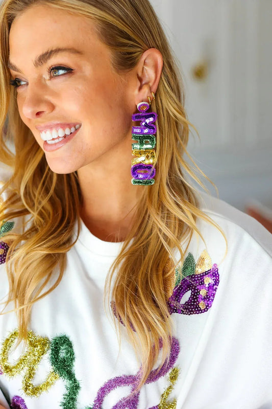 Mardi Gras Sequin & Beaded Dangle Earrings - DAVERRI FASHIONS