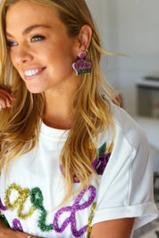 Mardi Gras Sequin & Beaded Crown Dangle Earrings | Daverri Fashions