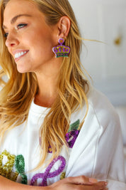 Mardi Gras Sequin & Beaded Crown Dangle Earrings | Daverri Fashions