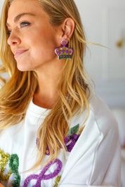 Mardi Gras Sequin & Beaded Crown Dangle Earrings | Daverri Fashions