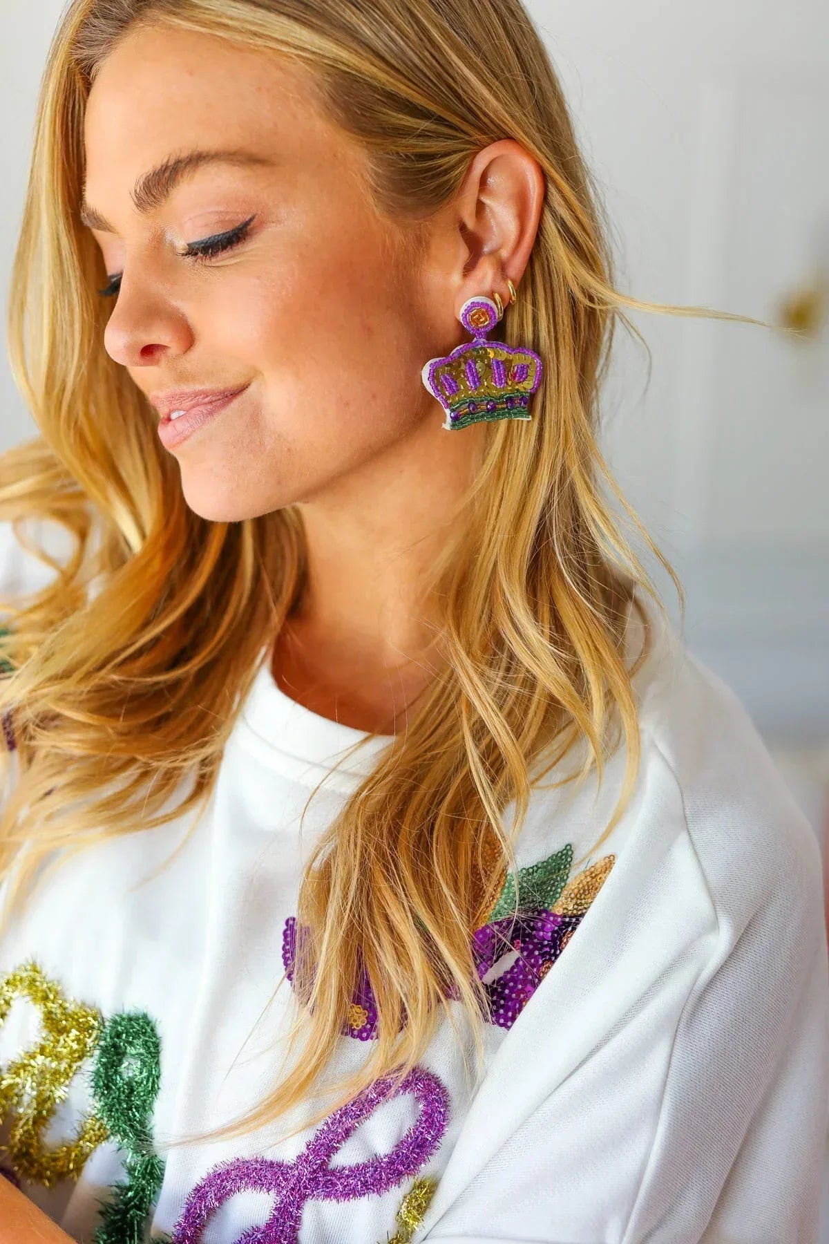 Mardi Gras Sequin & Beaded Crown Dangle Earrings - DAVERRI FASHIONS