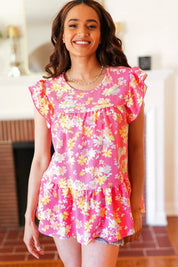 Diva Pink Floral Yoke Flutter Sleeve Keyhole Back Top | 07-01-25 Summer Sale Daverri Fashions