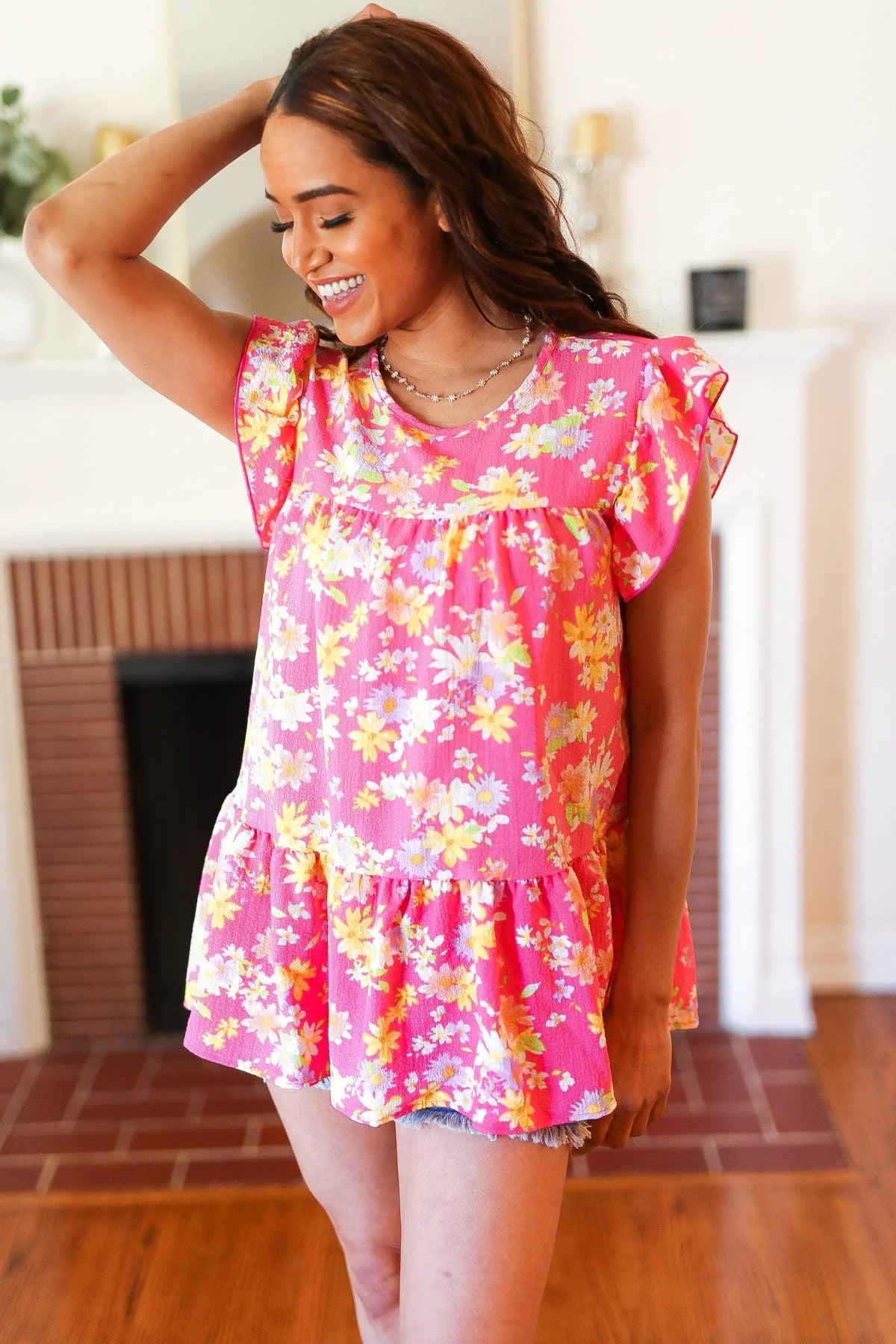 Diva Pink Floral Yoke Flutter Sleeve Keyhole Back Top | 07-01-25 Summer Sale Daverri Fashions